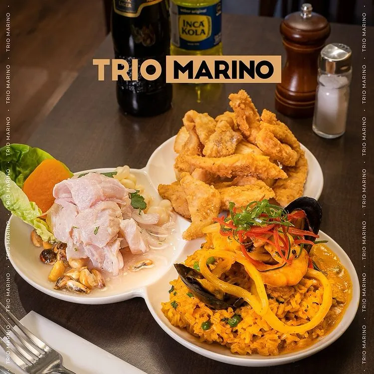 Trío marino: ceviche, chicharrón y arroz con mariscos
